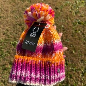 NEW Spyder Cute Multicolor Knit Soft Beanie with Pom-Pom - PINK, ORANGE & WHITE